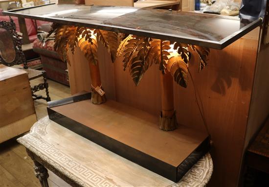 An illuminated palm tree glass top console table W.151cm